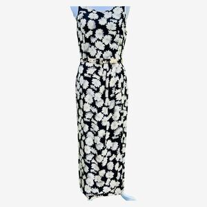 August Silk maxi dress M black white floral print sleeveless w/belt